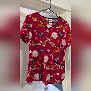 Christmas Festive Red Scrub Top